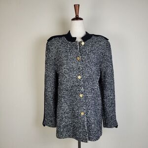 Peter Lynne Jacket Womens 12 Wool Black Cream Tweed Sweater Military Epaulette